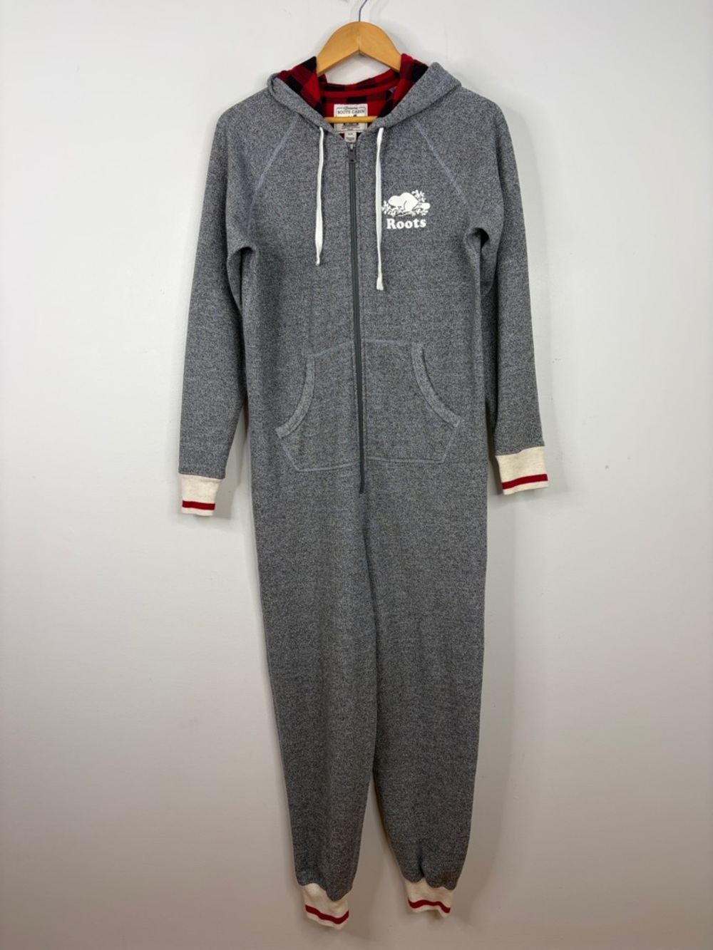 Roots One Piece Pajama Womens Small Gray Hoodie PJ's Cotton Fleece Cottagecore